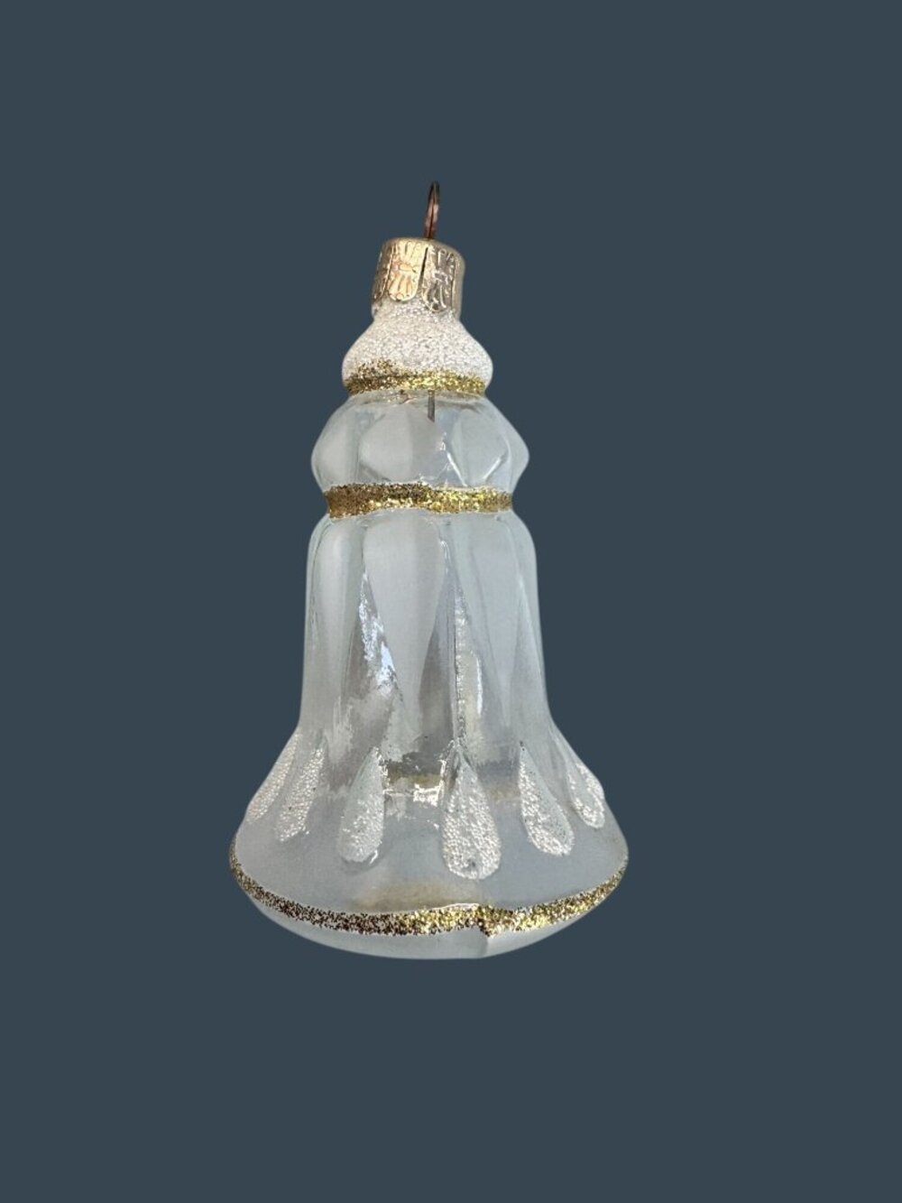 Vintage Czechoslovakia Frosted Optic Glass Bell Christmas Ornament 4.5" Gold - Picture 2 of 7